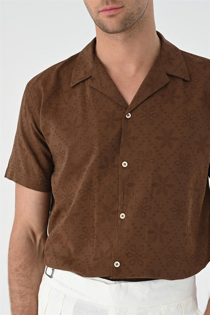 KOALA SYDNEY  Men's Brown Knitted Patterned Shirt with Camp Collar -