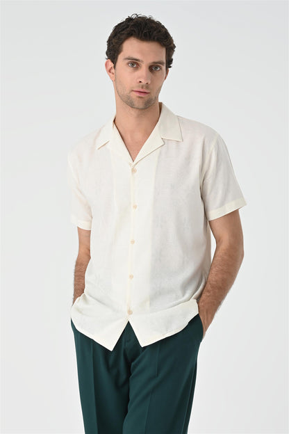 KOALA SYDNEY Men's Ecru Knitted Patterned Shirt with Camp Collar