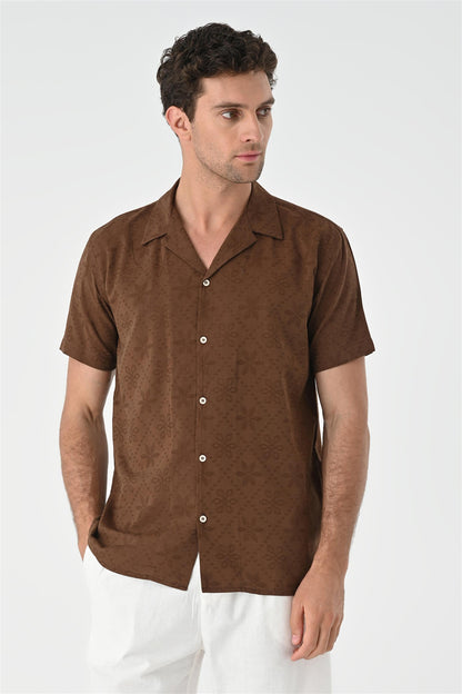 KOALA SYDNEY  Men's Brown Knitted Patterned Shirt with Camp Collar -
