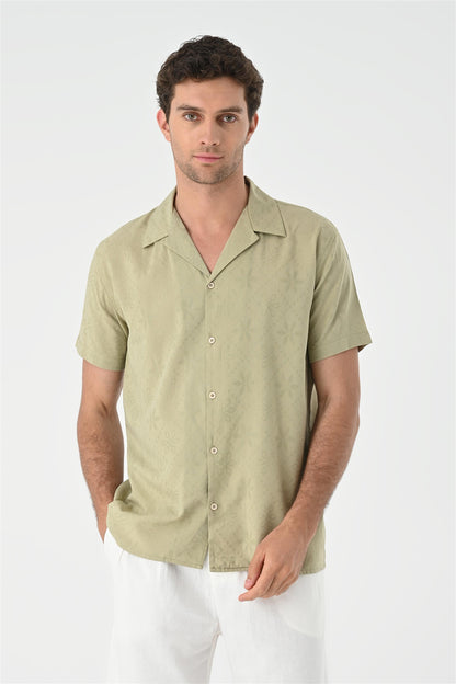 Men's Light Khaki Woven Pattern Open Collar Shirt