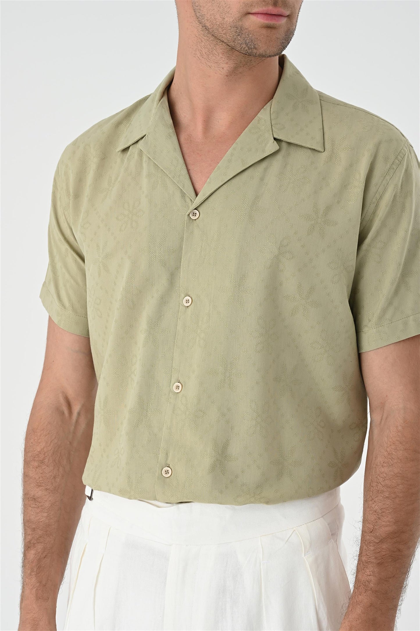 Men's Light Khaki Woven Pattern Open Collar Shirt