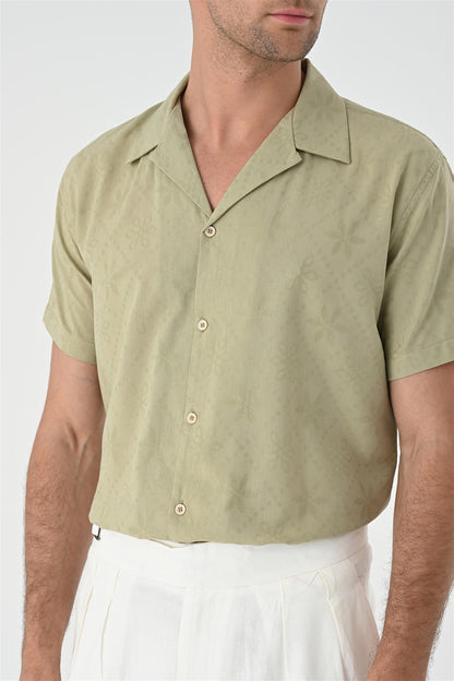 Men's Light Khaki Woven Pattern Open Collar Shirt