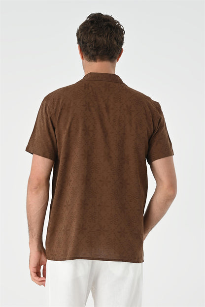 KOALA SYDNEY  Men's Brown Knitted Patterned Shirt with Camp Collar -