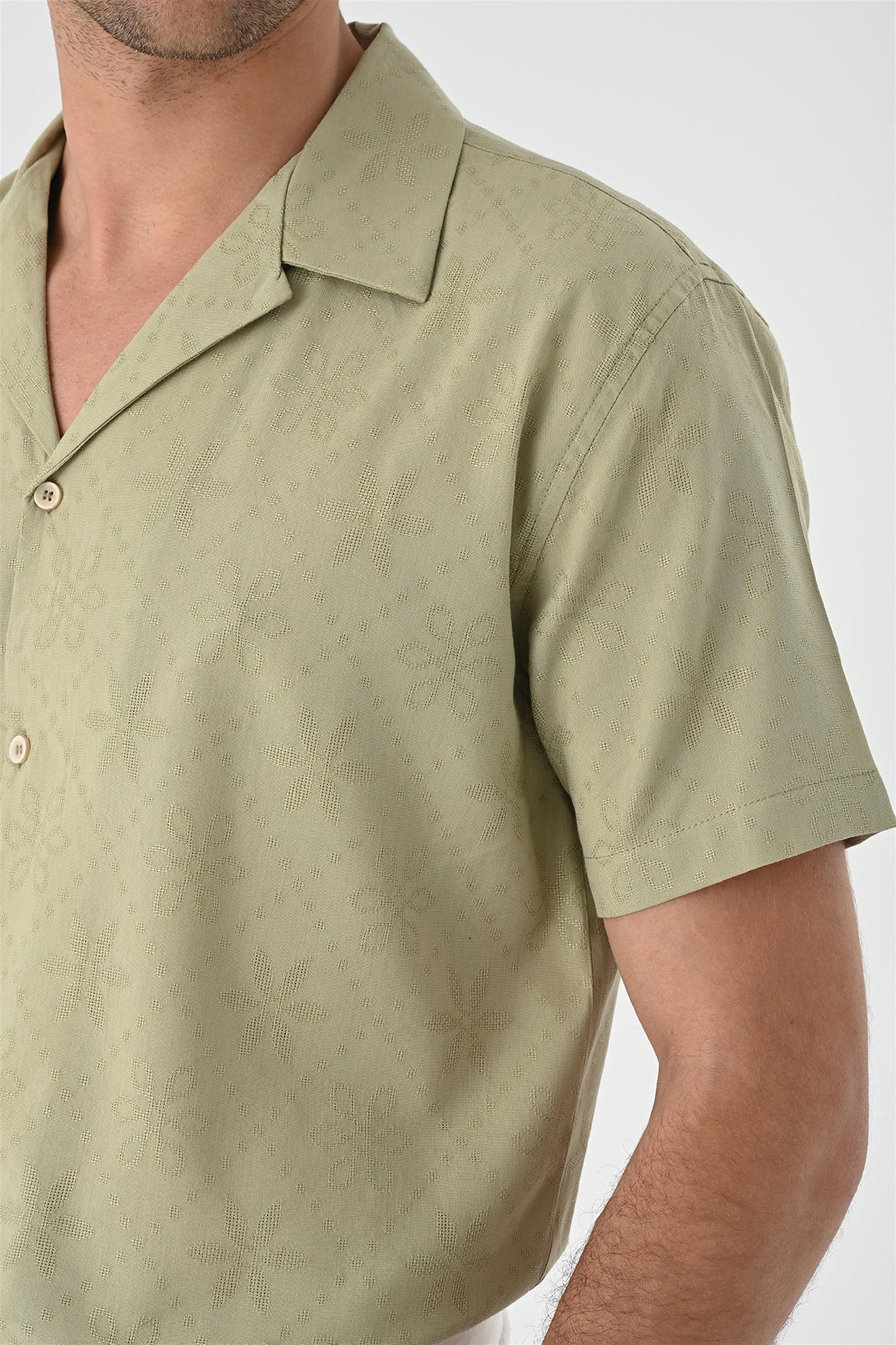 Men's Light Khaki Woven Pattern Open Collar Shirt
