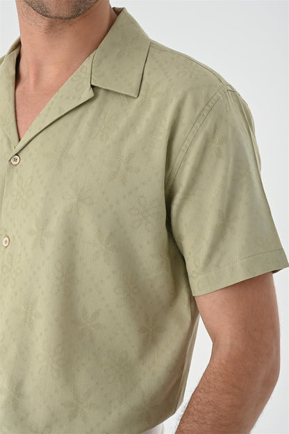 Men's Light Khaki Woven Pattern Open Collar Shirt