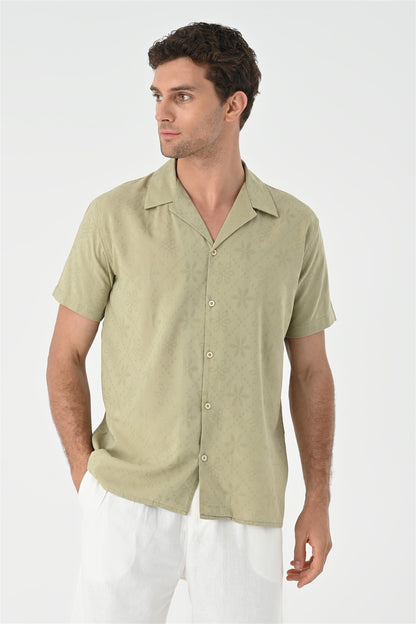 Men's Light Khaki Woven Pattern Open Collar Shirt