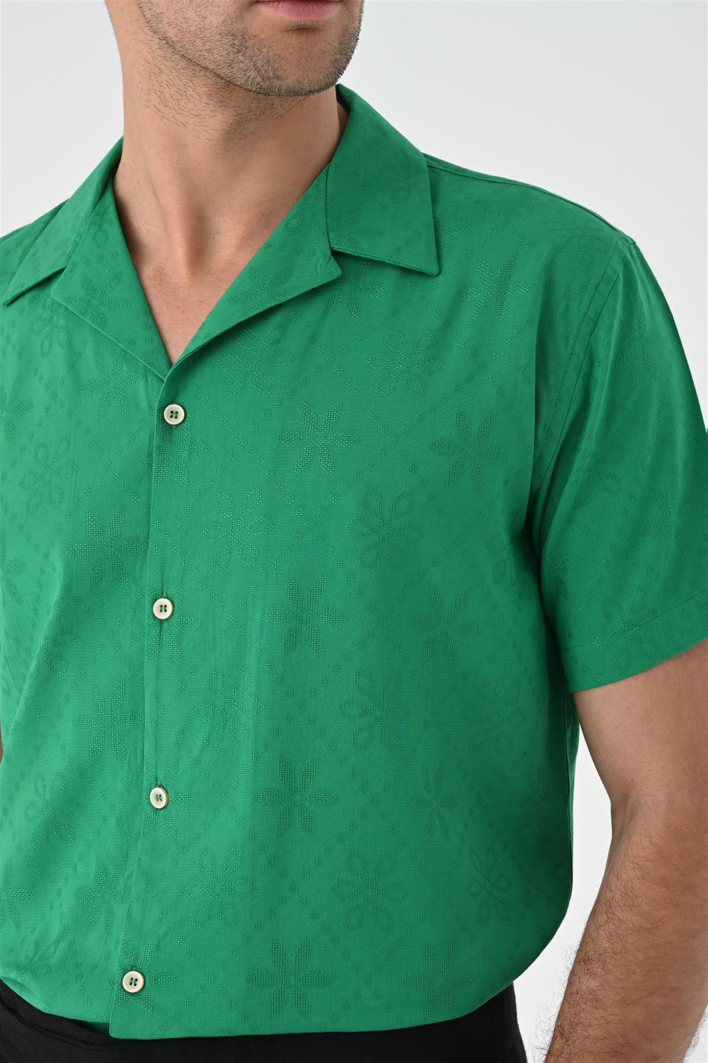 Men's Duck Green Woven Pattern Open Collar Shirt
