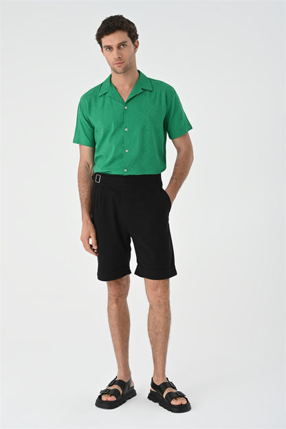 Men's Duck Green Woven Pattern Open Collar Shirt