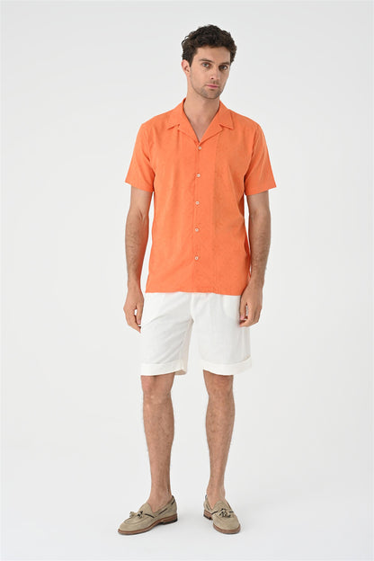Men's Orange Knitted Patterned Shirt with Camp Collar