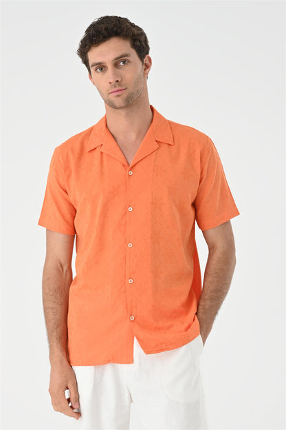 Men's Orange Knitted Patterned Shirt with Camp Collar