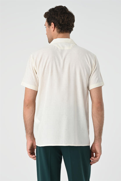 Men's Ecru Knitted Patterned Shirt with Camp Collar