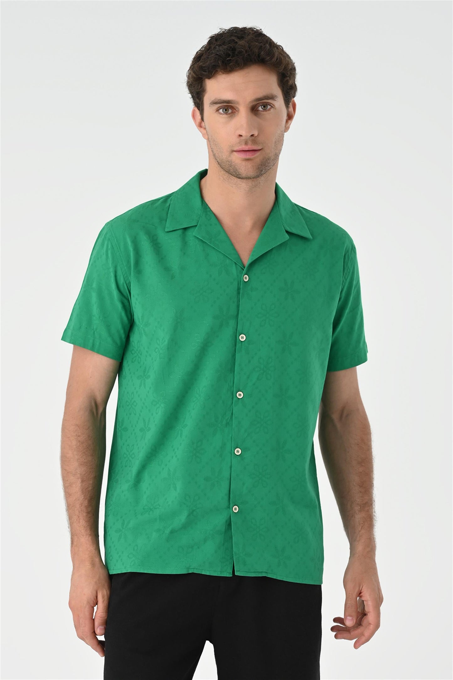 Men's Duck Green Woven Pattern Open Collar Shirt