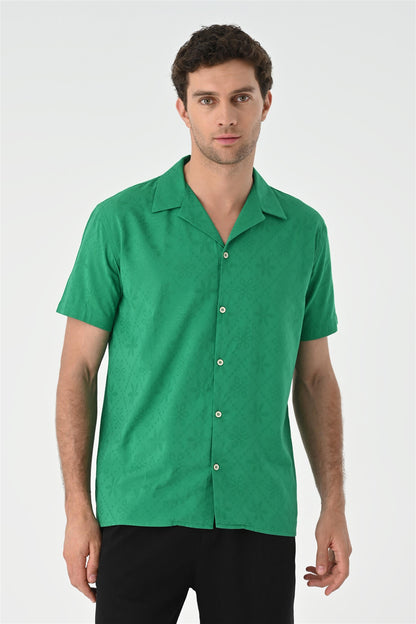Men's Duck Green Woven Pattern Open Collar Shirt