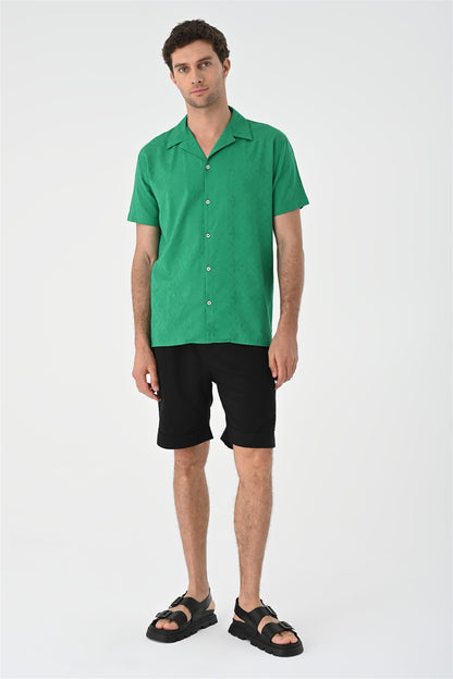 Men's Duck Green Woven Pattern Open Collar Shirt