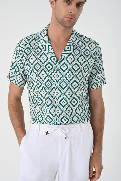 KOALA SYDNEY Men's Green Ethnic Pattern Open Collar Short Sleeve Shirt