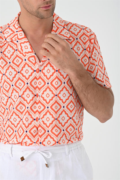 KOALA SYDNEY Men's Orange Ethnic Pattern Open Collar Short Sleeve Shirt