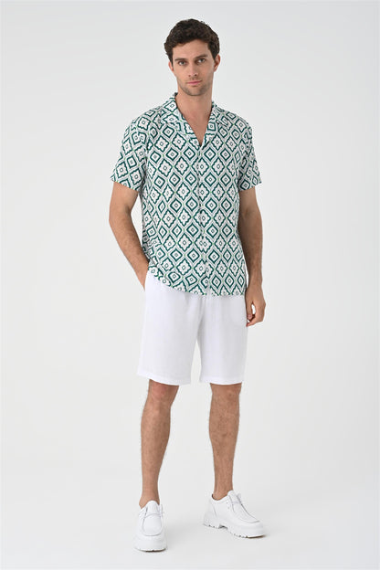 KOALA SYDNEY Men's Green Ethnic Pattern Open Collar Short Sleeve Shirt