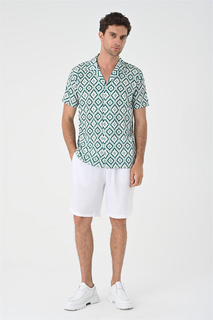 KOALA SYDNEY Men's Green Ethnic Pattern Open Collar Short Sleeve Shirt