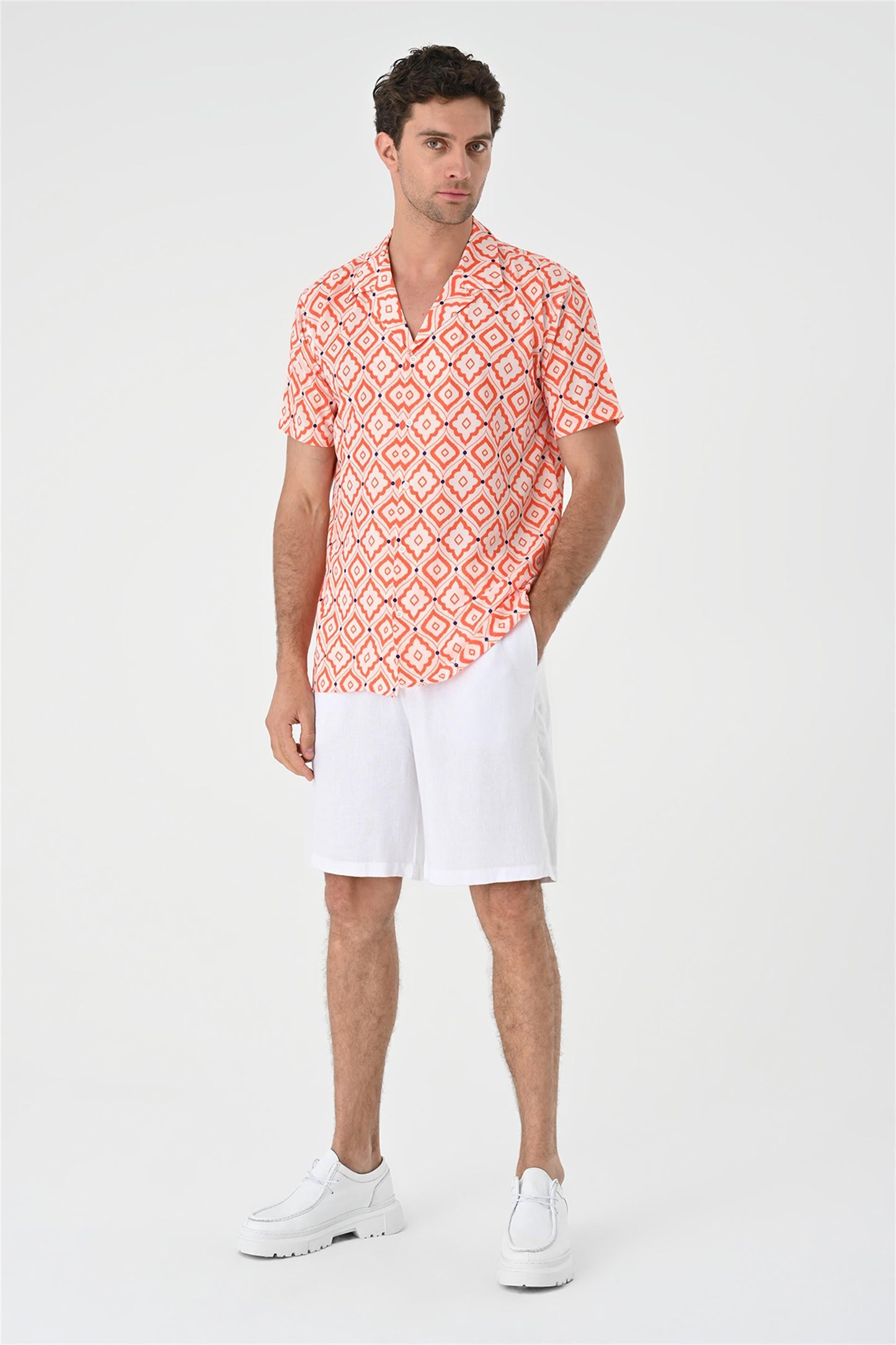 KOALA SYDNEY Men's Orange Ethnic Pattern Open Collar Short Sleeve Shirt