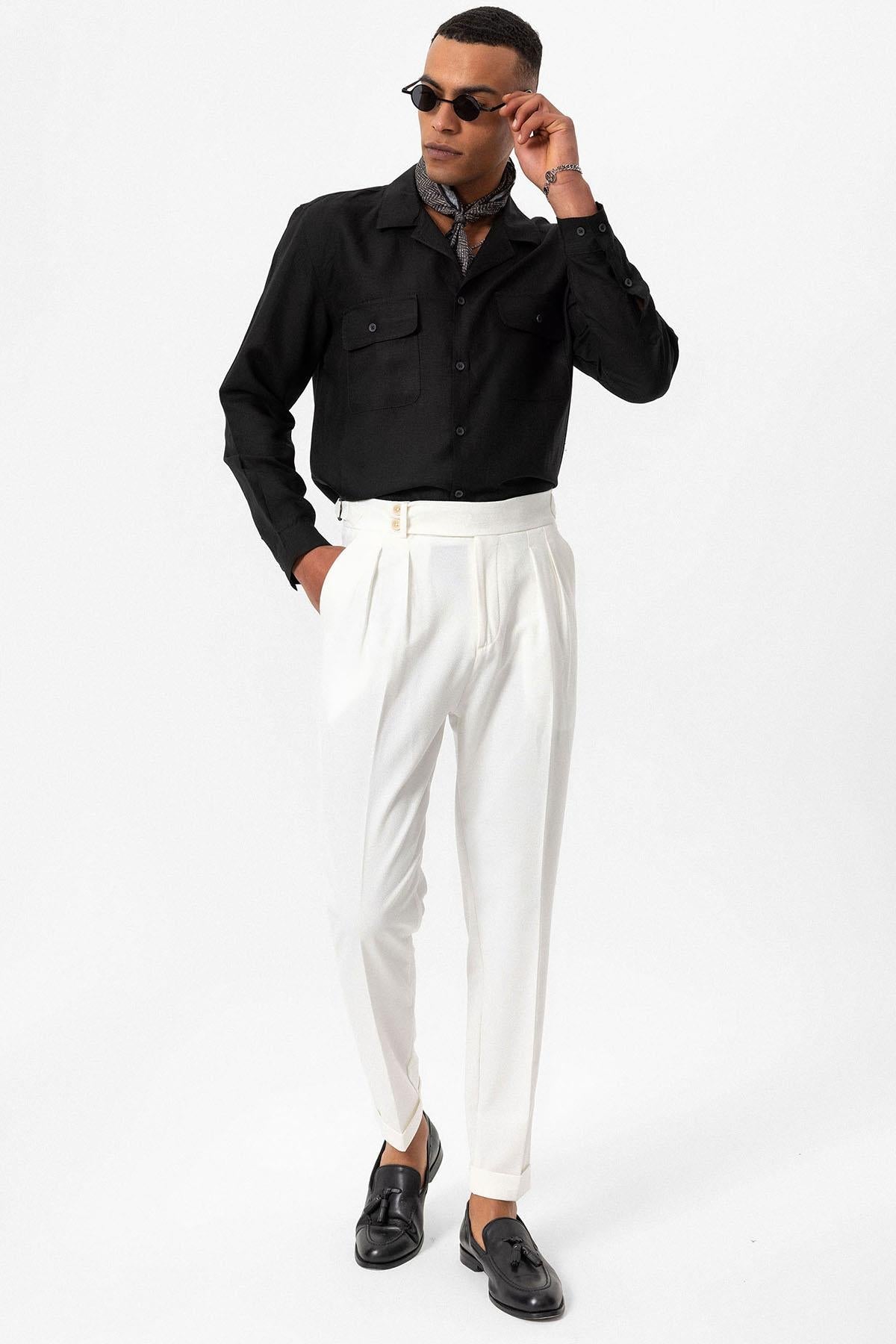 Men's Black Camp Collar Linen Blend Long-Sleeve Shirt -