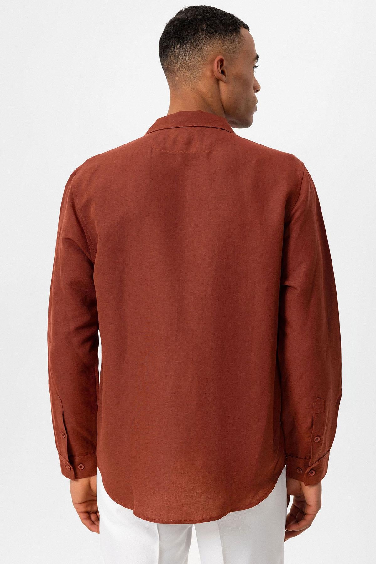 Men's Tile Camp Collar Linen Blend Long-Sleeve Shirt