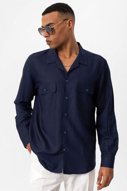 Men's Navy Blue Camp Collar Linen Blend Long-Sleeve Shirt