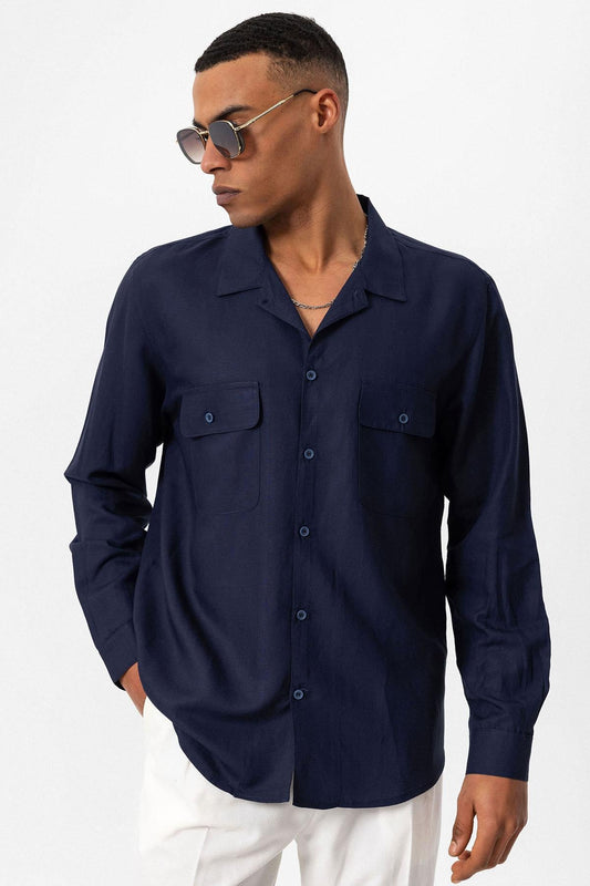 Men's Navy Blue Camp Collar Linen Blend Long-Sleeve Shirt