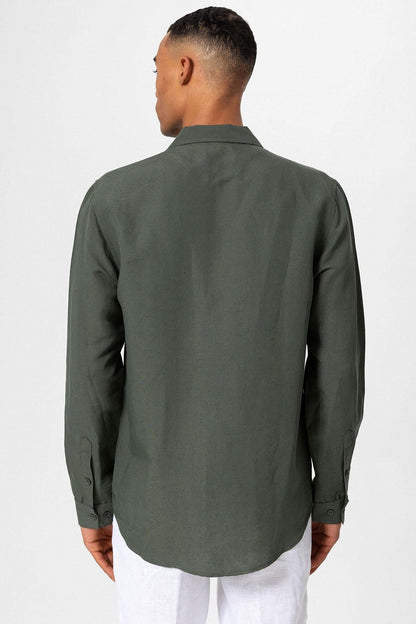 Men's Khaki Camp Collar Linen Blend Long-Sleeve Shirt -