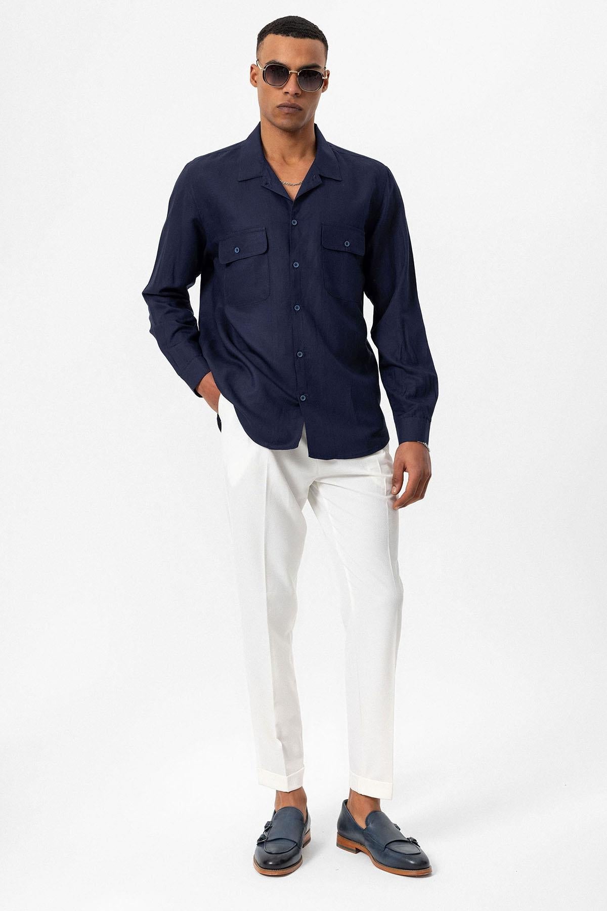 Men's Navy Blue Camp Collar Linen Blend Long-Sleeve Shirt