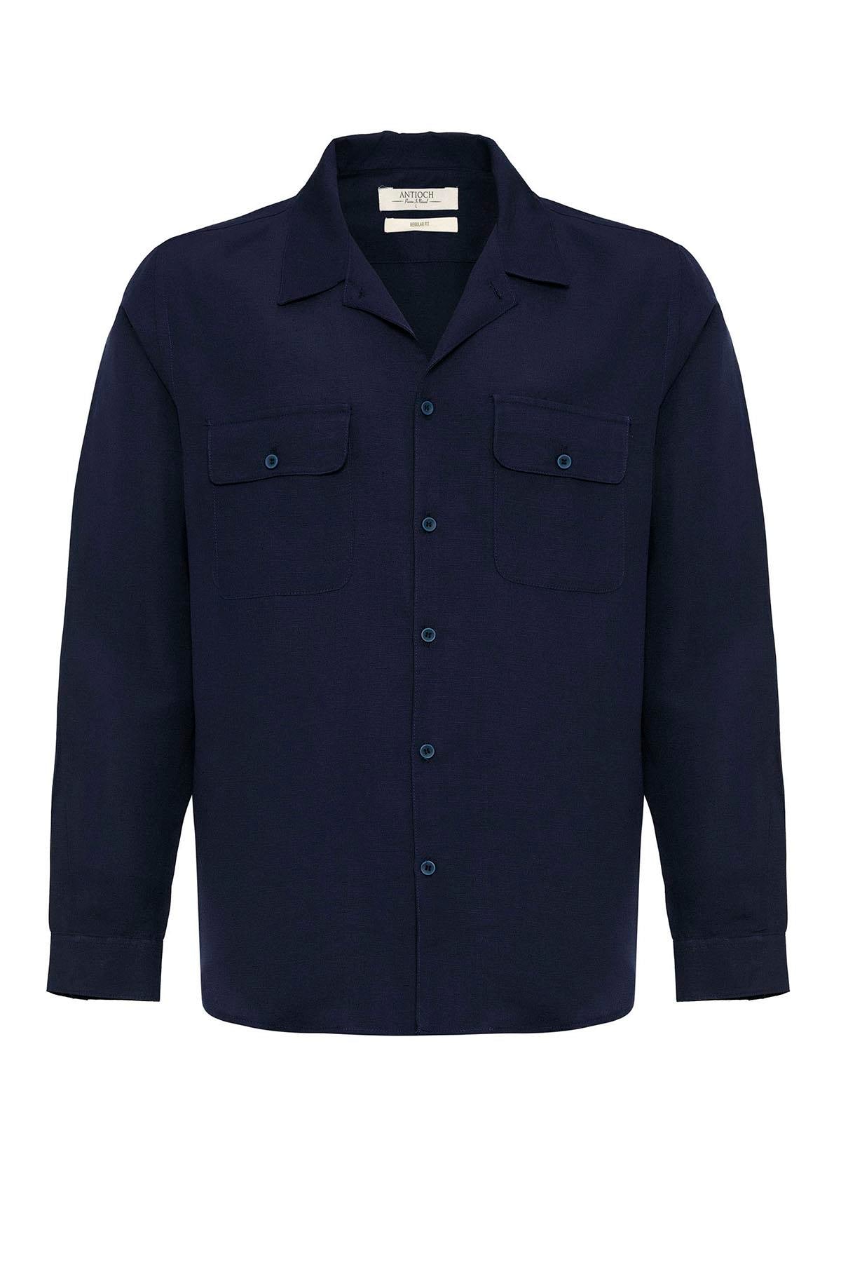 Men's Navy Blue Camp Collar Linen Blend Long-Sleeve Shirt