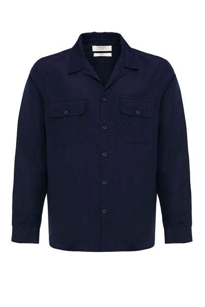 Men's Navy Blue Camp Collar Linen Blend Long-Sleeve Shirt