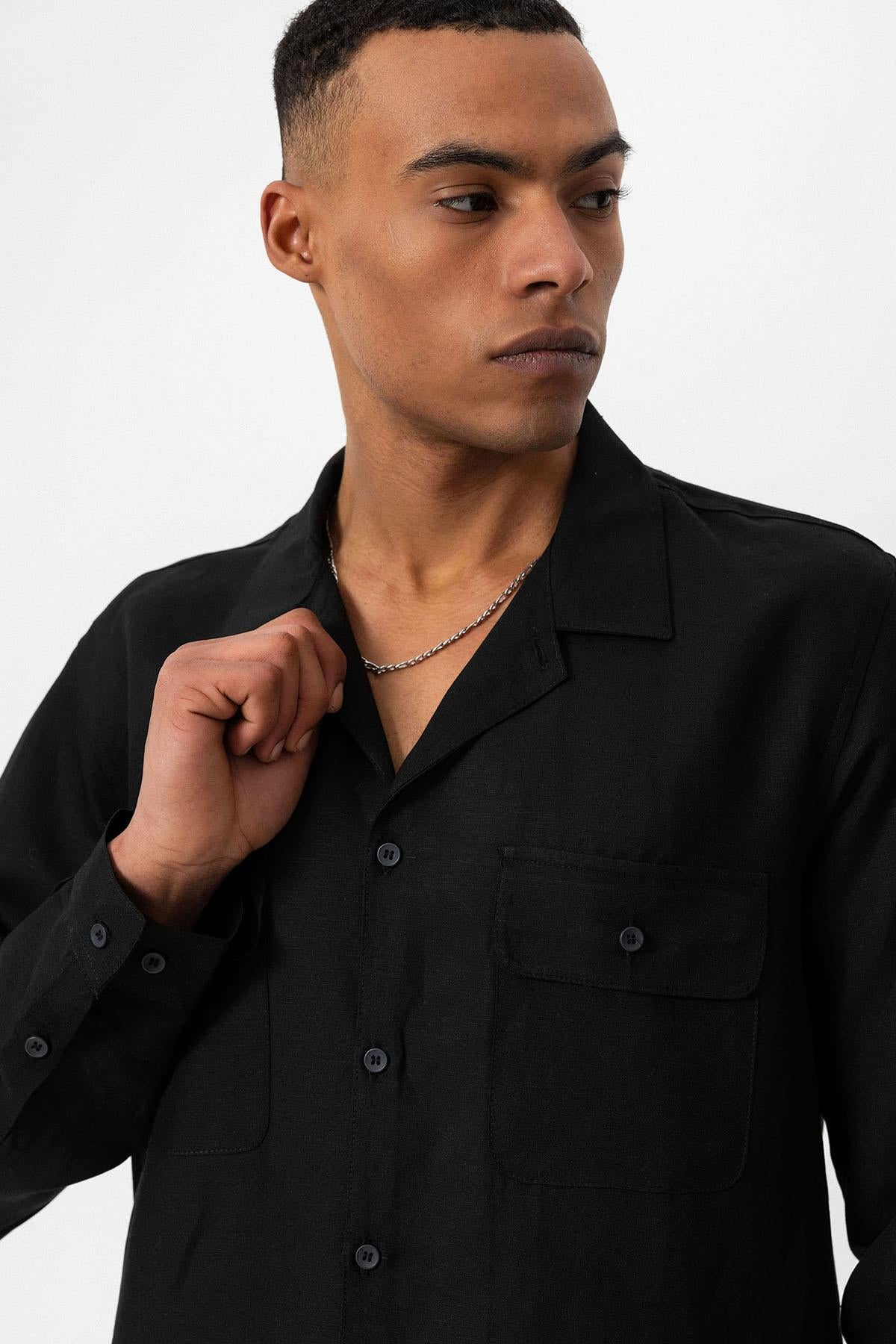 Men's Black Camp Collar Linen Blend Long-Sleeve Shirt