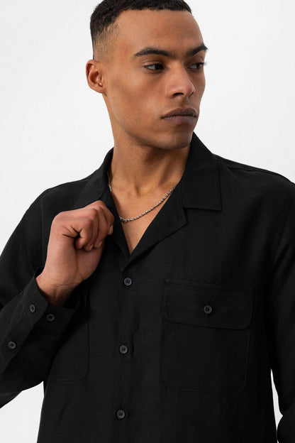 Men's Black Camp Collar Linen Blend Long-Sleeve Shirt