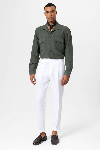 Men's Khaki Camp Collar Linen Blend Long-Sleeve Shirt -