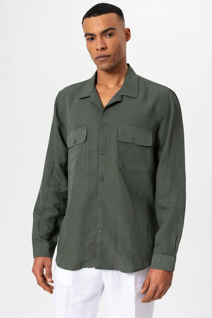 Men's Khaki Camp Collar Linen Blend Long-Sleeve Shirt