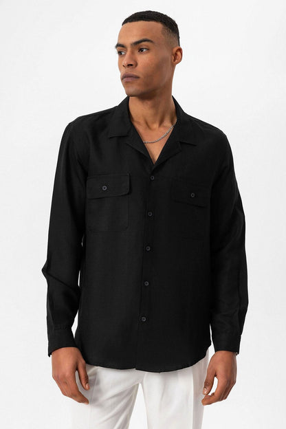 Men's Black Camp Collar Linen Blend Long-Sleeve Shirt -