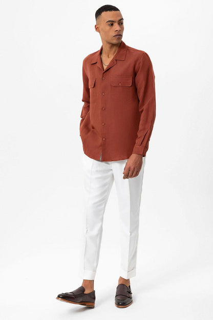 Men's Tile Camp Collar Linen Blend Long-Sleeve Shirt