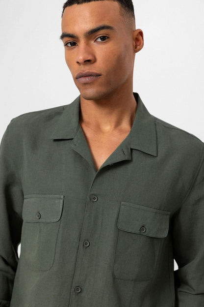Men's Khaki Camp Collar Linen Blend Long-Sleeve Shirt -