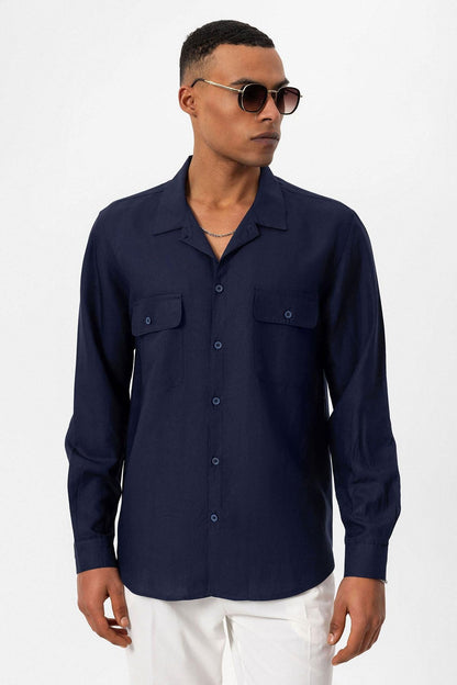 Men's Navy Blue Camp Collar Linen Blend Long-Sleeve Shirt