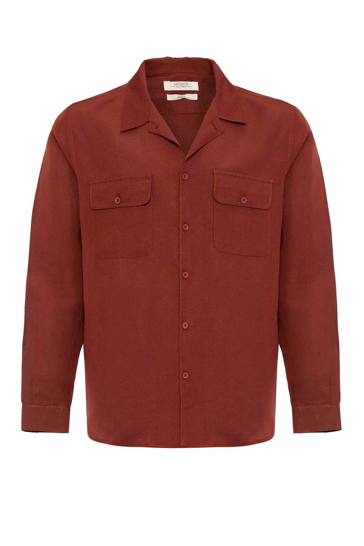 Men's Tile Camp Collar Linen Blend Long-Sleeve Shirt