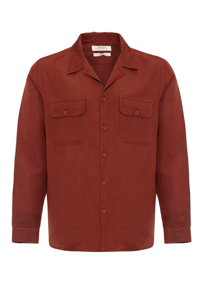 Men's Tile Camp Collar Linen Blend Long-Sleeve Shirt
