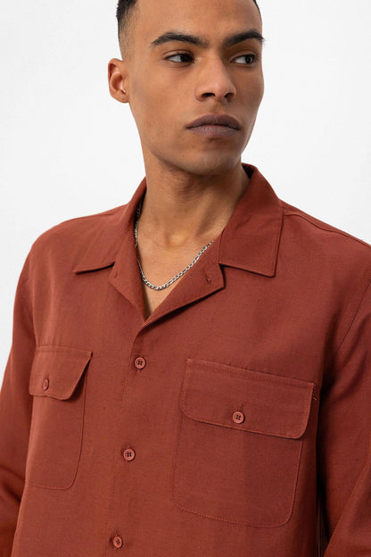 Men's Tile Camp Collar Linen Blend Long-Sleeve Shirt