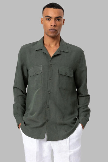 Men's Khaki Camp Collar Linen Blend Long-Sleeve Shirt
