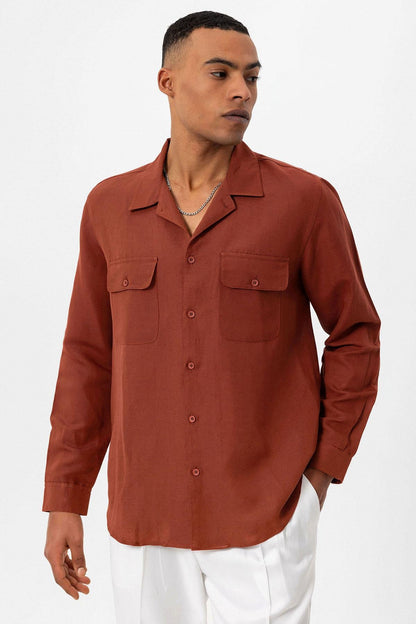 Men's Tile Camp Collar Linen Blend Long-Sleeve Shirt