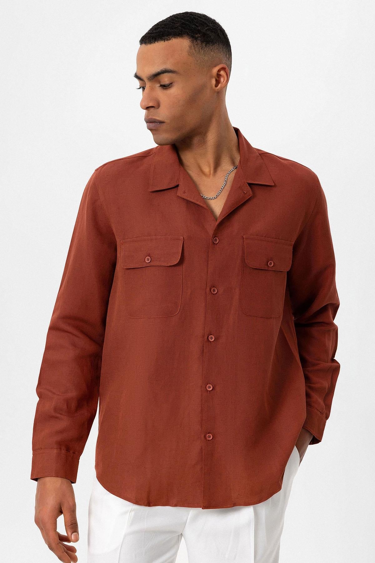 Men's Tile Camp Collar Linen Blend Long-Sleeve Shirt