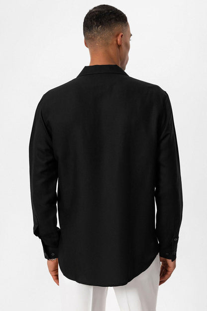 Men's Black Camp Collar Linen Blend Long-Sleeve Shirt -
