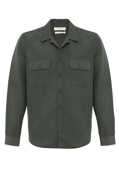 Men's Khaki Camp Collar Linen Blend Long-Sleeve Shirt -