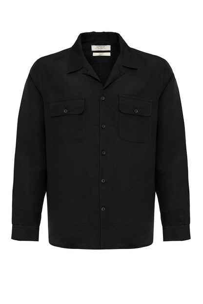 Men's Black Camp Collar Linen Blend Long-Sleeve Shirt -