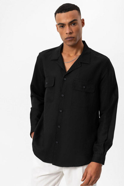 Men's Black Camp Collar Linen Blend Long-Sleeve Shirt -