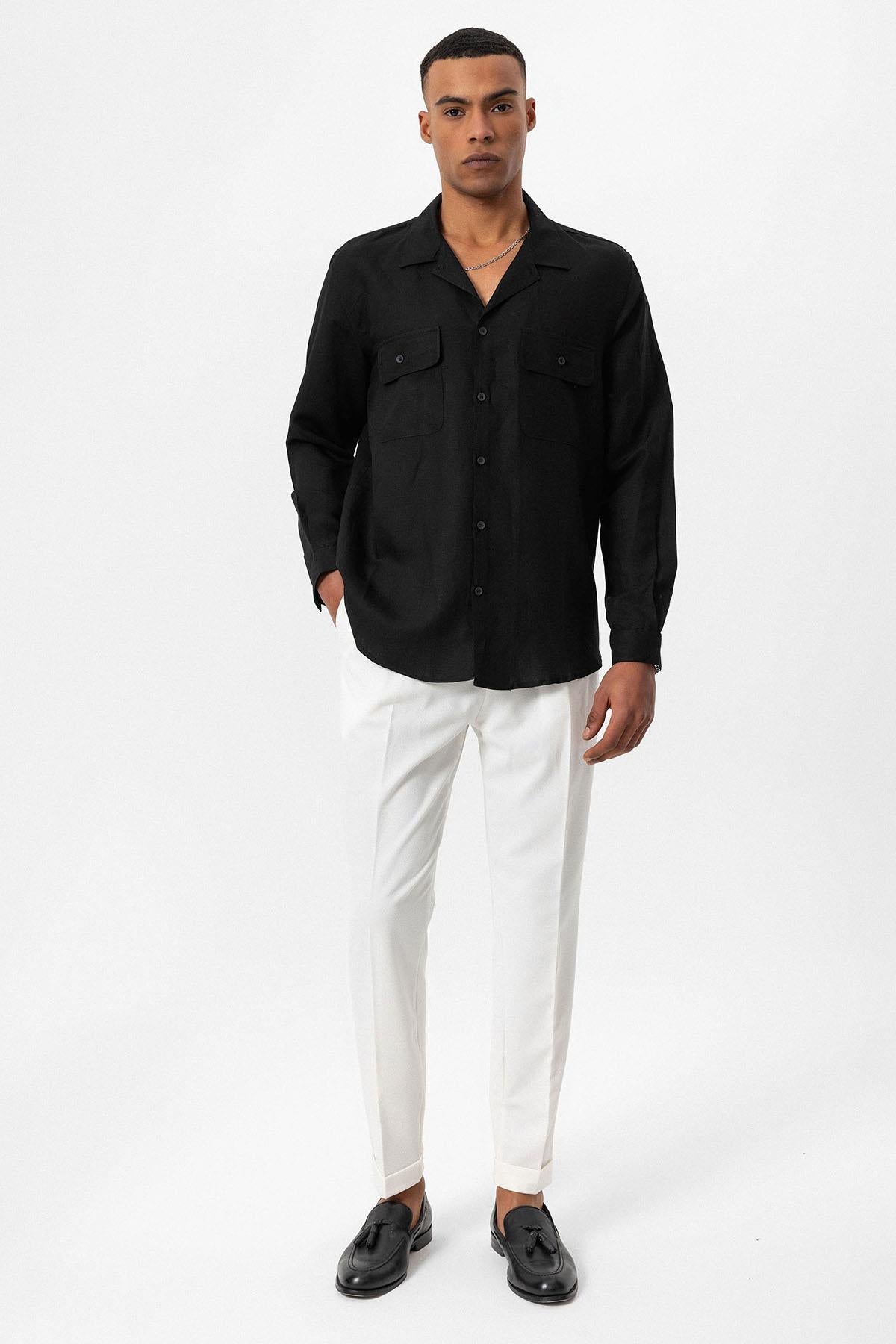 Men's Black Camp Collar Linen Blend Long-Sleeve Shirt